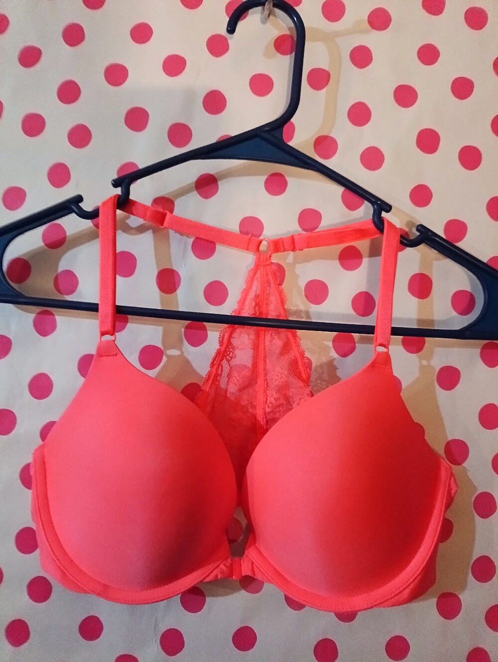 Victoria Secret Neon Orange Coral Lace Racerback Push-Up Bra Front Clasp 36B